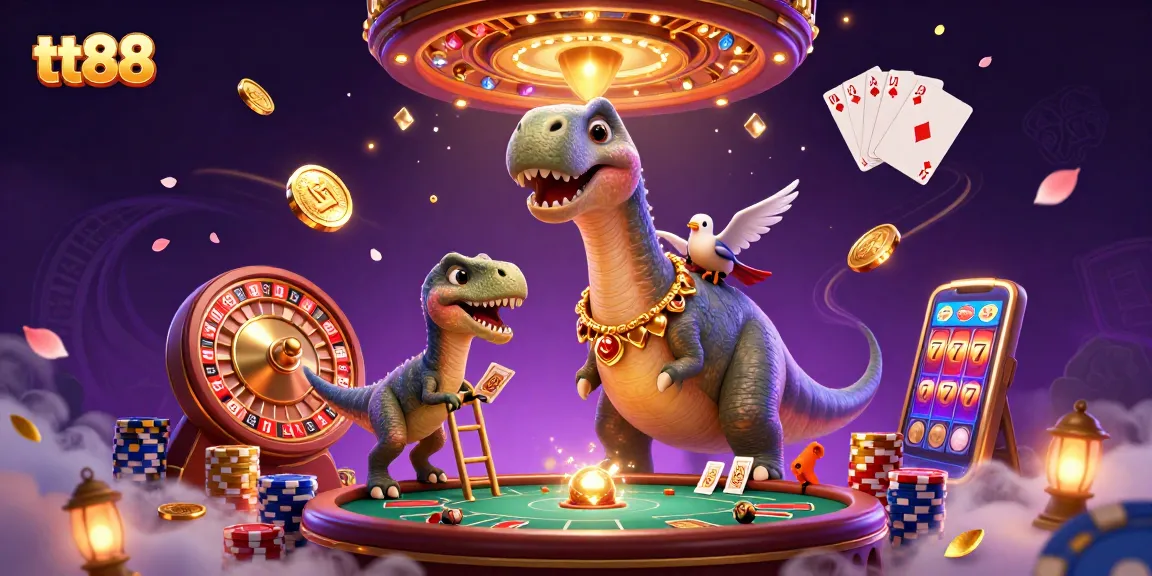Engage in thrilling gaming at tt88 with a dazzling scene featuring a brontosaurus and casino elements.