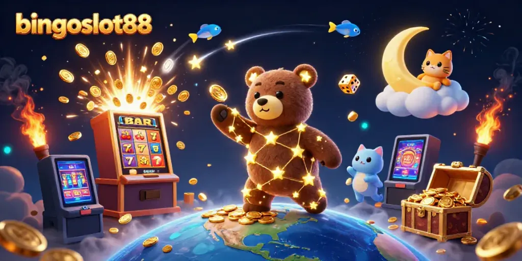 Bingoslot88 menghadirkan ilustrasi menakjubkan dengan karakter beruang bintang dan mesin slot yang meledak dengan koin.