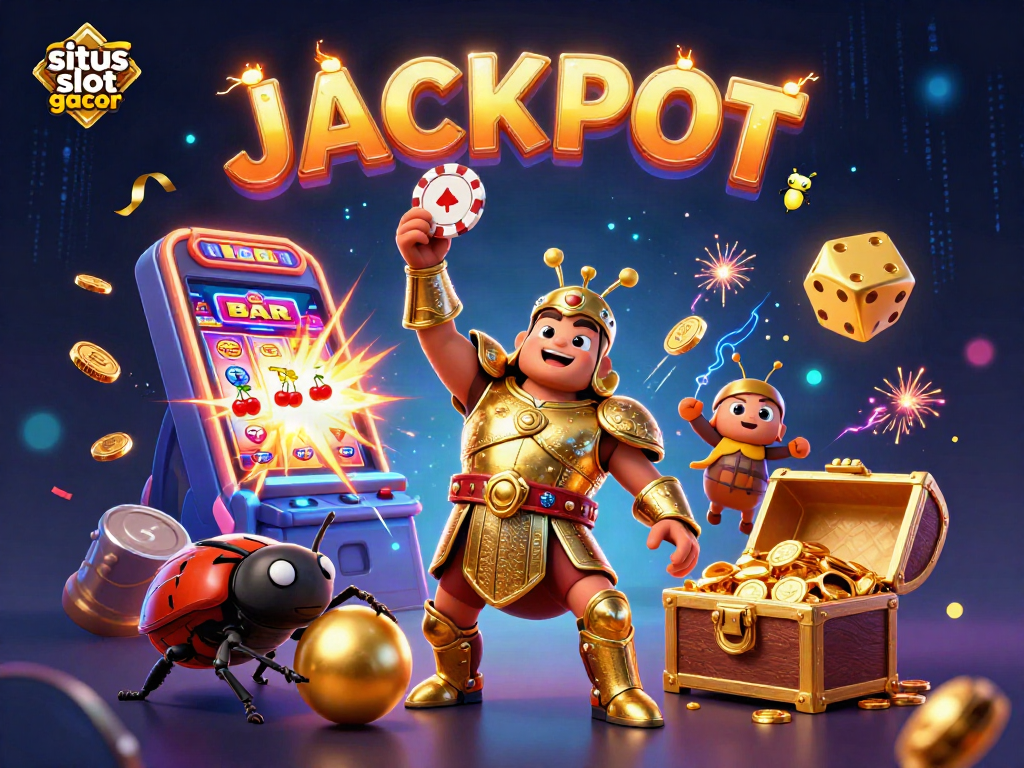 Spin to win at situs slot gacor with a victorious beetle lifting a poker chip amidst colorful casino elements.