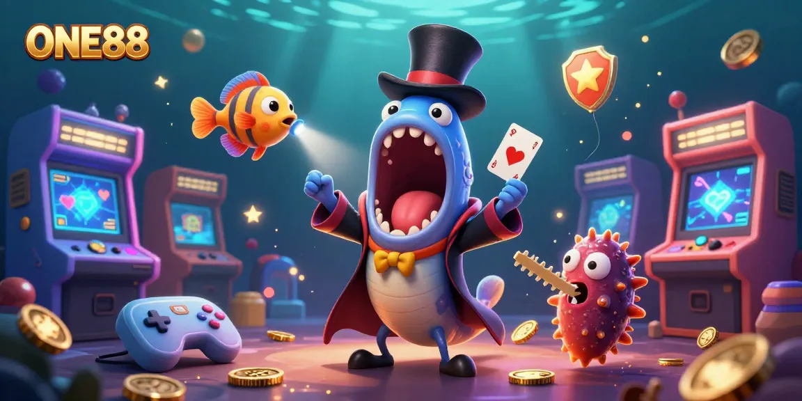 Experience captivating casino magic with ONE88, featuring dynamic aquatic characters performing a thrilling card act.