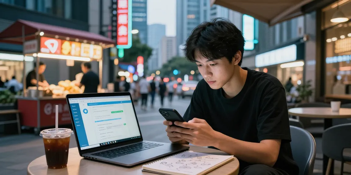 Exploring Telegram China guide 2026 with a smartphone in a bustling urban café.