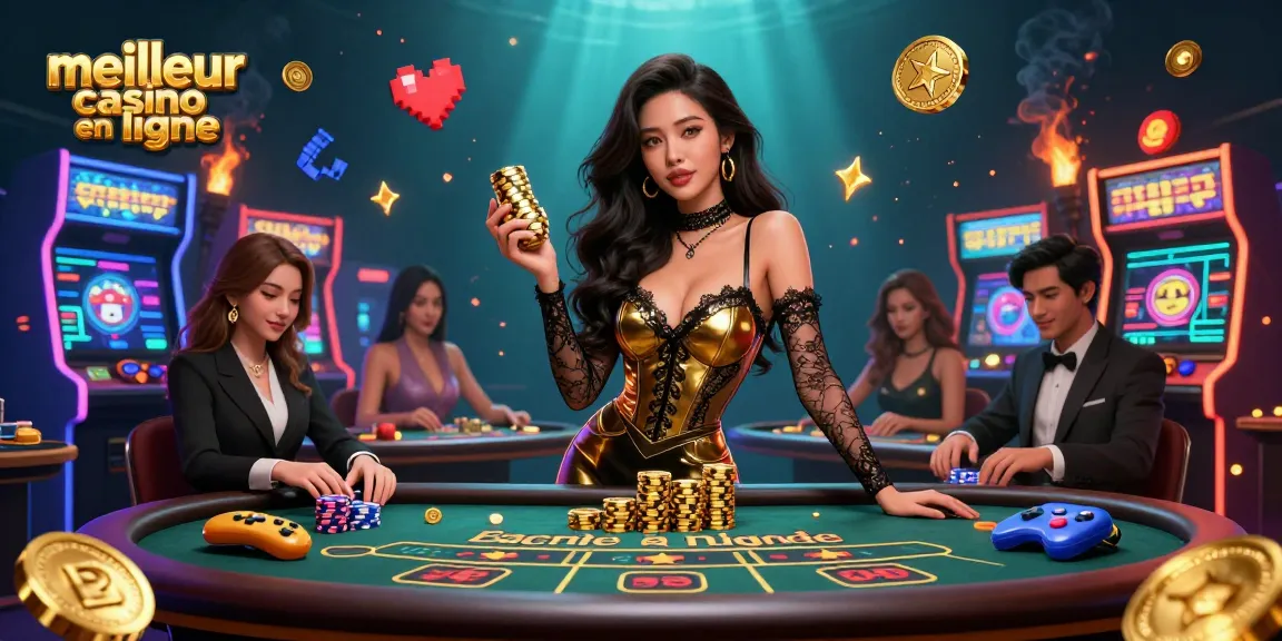 Femme asiatique glamour à une table de baccarat VIP avec des jetons dorés, thème meilleur casino en ligne.