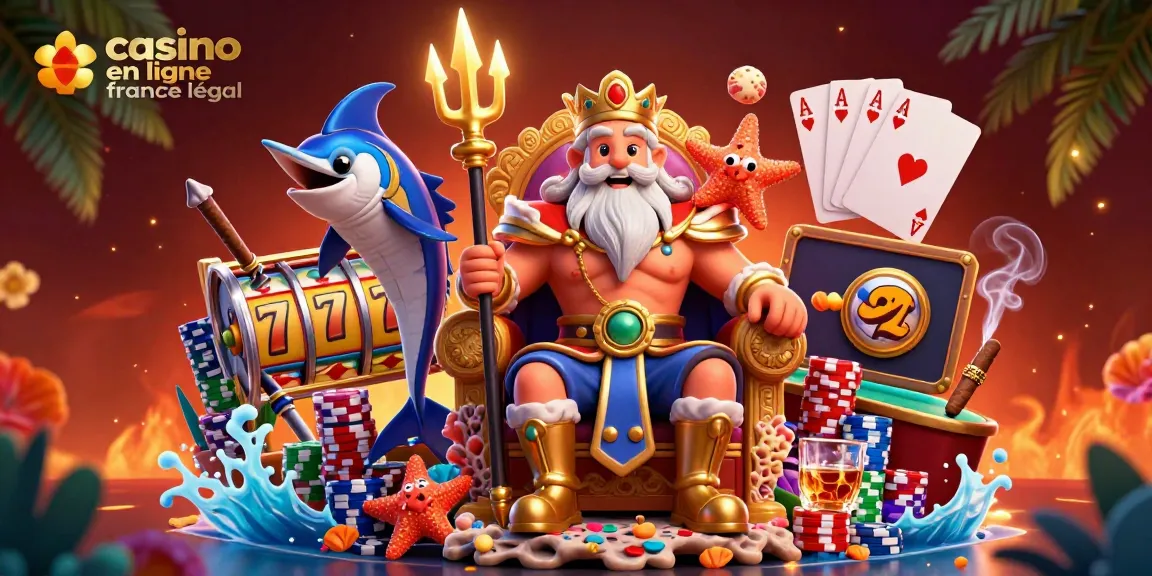 Jouez au casino en ligne France légal : illustration vibrante mettant en scène Neptune entouré d'éléments de jeux.