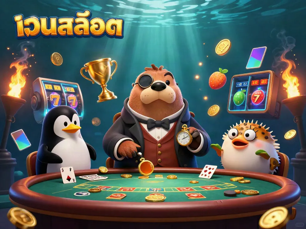 Engage with เว็บสล็อต at an underwater poker game featuring a walrus, penguin dealer, and bluffing pufferfish.