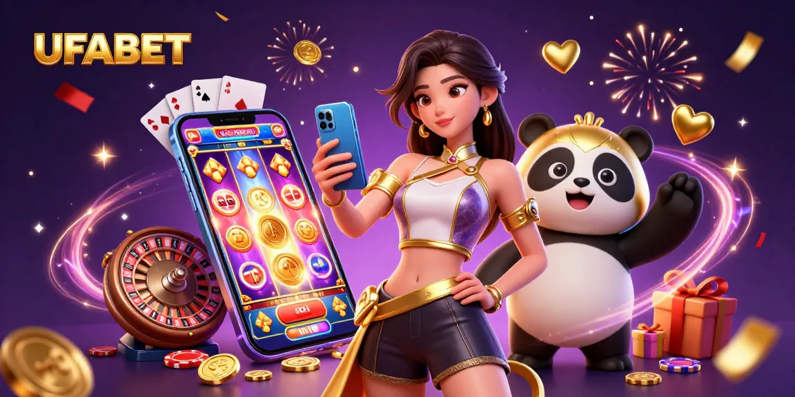 Experience UFABET's vivid slot gaming world with a stunning 3D scene featuring an Asian woman celebrating wins.