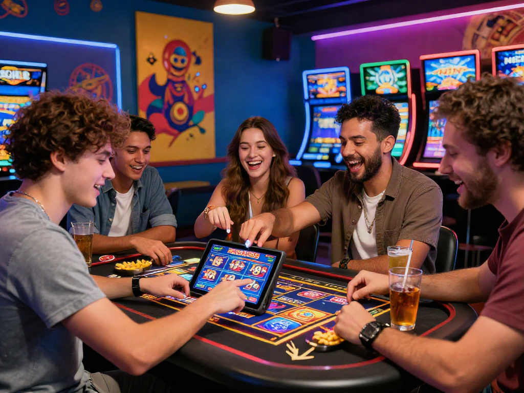 Friends enjoying MEGA88 slots game on tablet in lively casino ambiance.