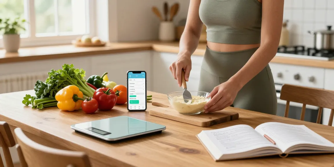 Using the best food tracking apps for healthy meal prep in a bright kitchen.