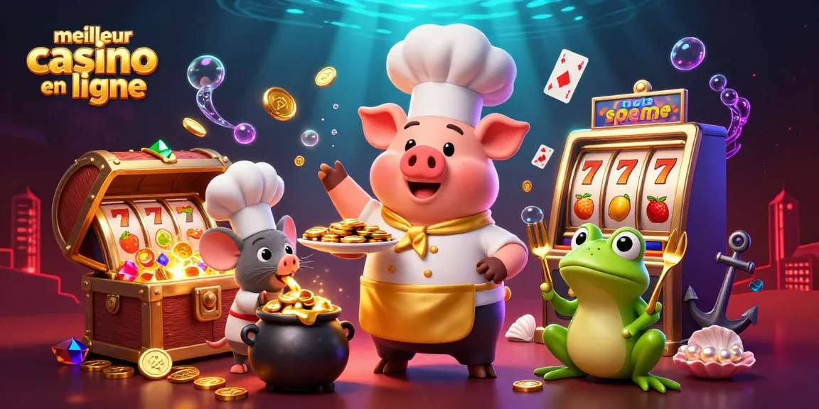 Vivez des sensations fortes au meilleur casino en ligne avec un chef cochon servant des pièces d'or et des symboles de jeu enchanteurs.