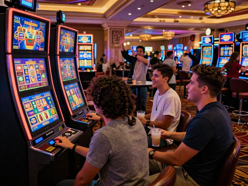 Excited friends enjoying the slot88 experience in a vibrant casino atmosphere.