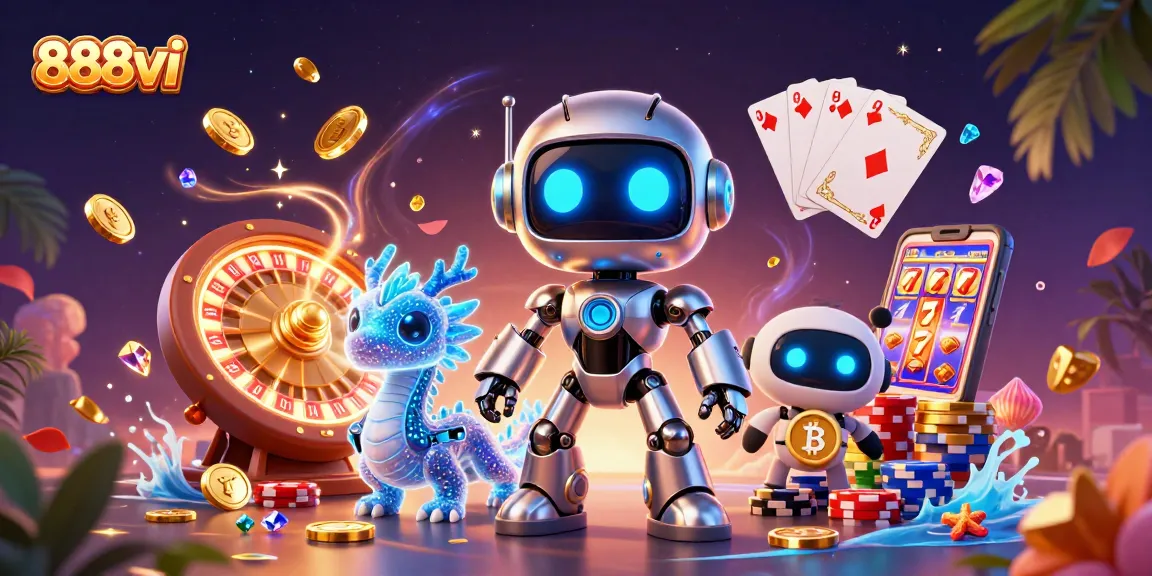 Experience the thrill of 888vi as a robot mascot, AI dragon, and bitcoin drone amidst dynamic gambling elements.