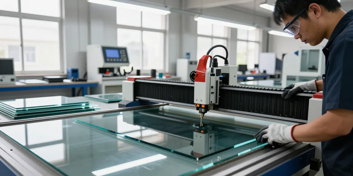 Technician efficiently using a glass cutting table in a bright industrial glass workshop