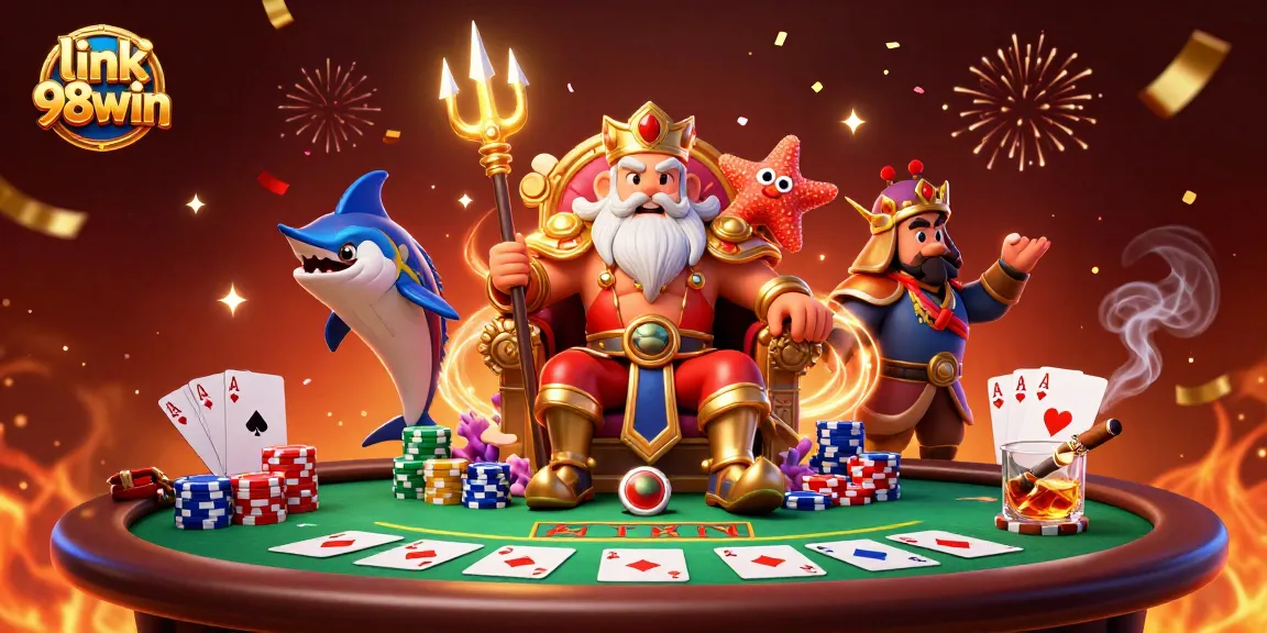 Engage with excitement at link 98win while witnessing Neptune and friends in a vibrant casino scene.