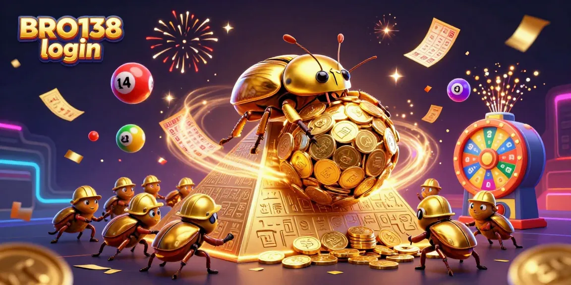 Engage in the thrilling world of BRO138 login as a golden beetle leads a dynamic game scene filled with vibrant casino elements.