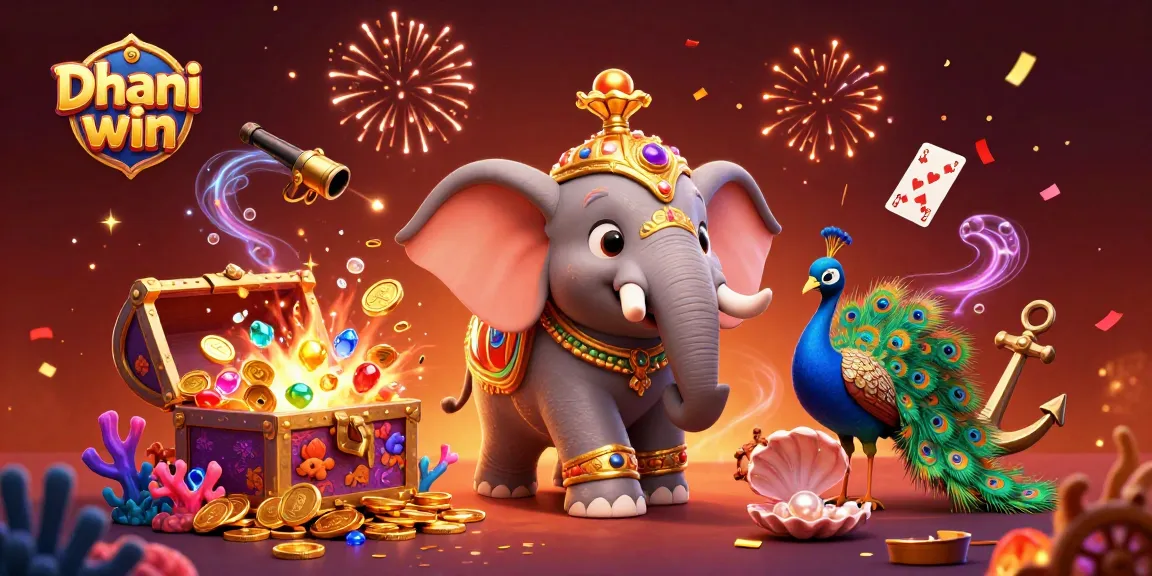 Dhani win brings excitement with a vibrant gaming scene featuring a Diwali-themed elephant and peacock, surrounded by casino elements.