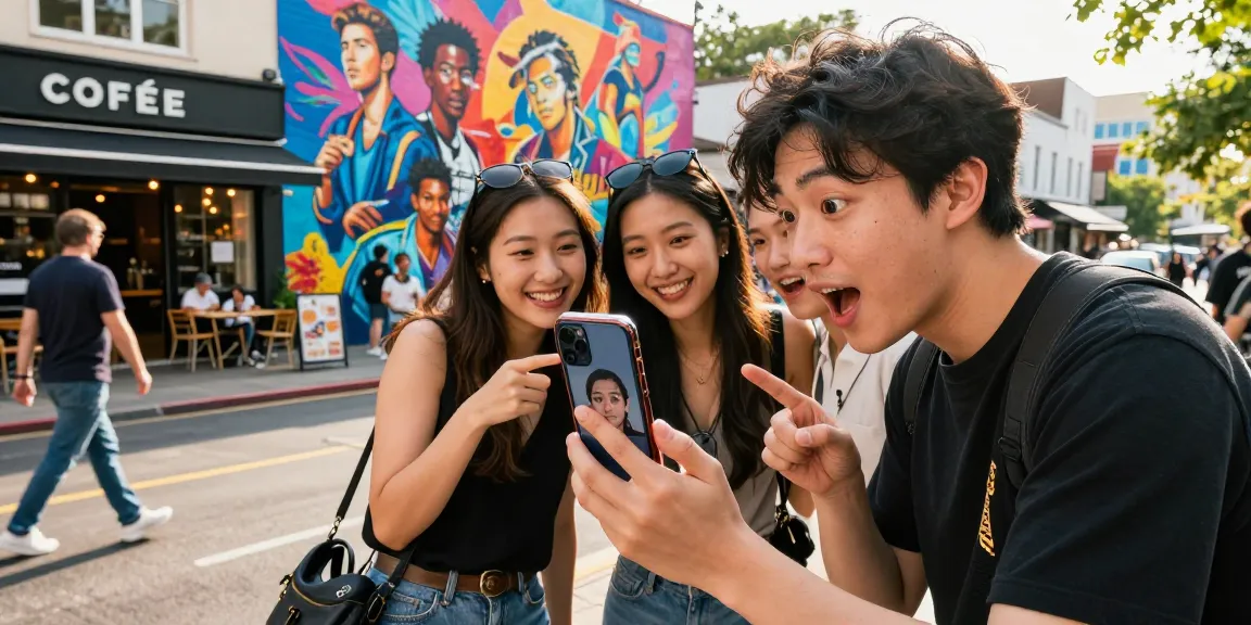 Exciting urban setting where a person discovers celebrities that look alike using an AI app.