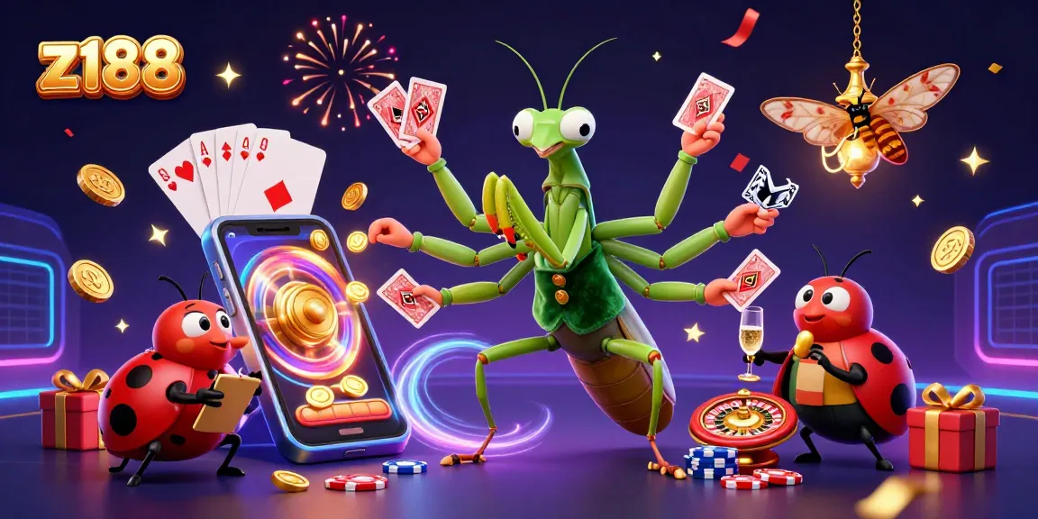 Play slots and win at z188 with a vibrant 3D casino scene featuring a mantis card sharp and ladybug pit boss.