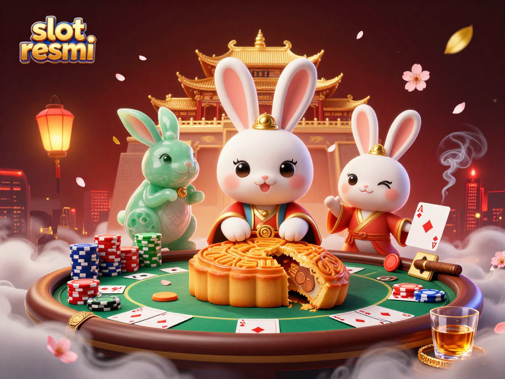 Engage with slot resmi as the moon rabbit reveals poker chips, in a vibrant casino scene.