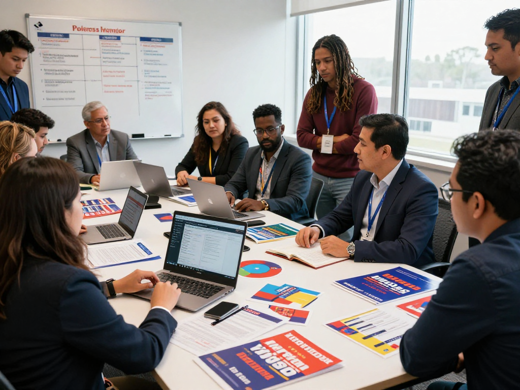Political text messaging service showcased by a campaign team strategizing in a vibrant office.