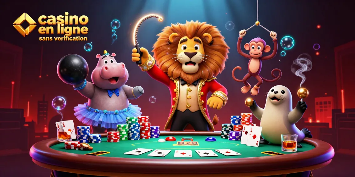Gagnez avec des jeux dans un casino en ligne sans vérification, illustré par des personnages de cirque animés.