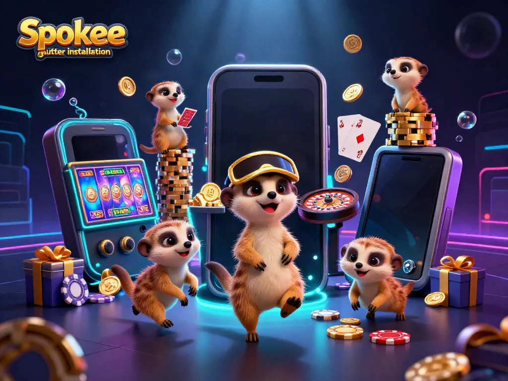 Engage in Spokane gutter installation with a lively cartoon meerkat casino scene featuring dynamic game elements.