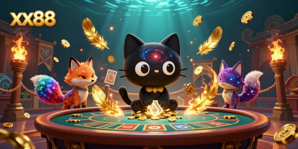 Experience the thrill of xx88 with vibrant casino elements and dynamic characters engaged in gaming.