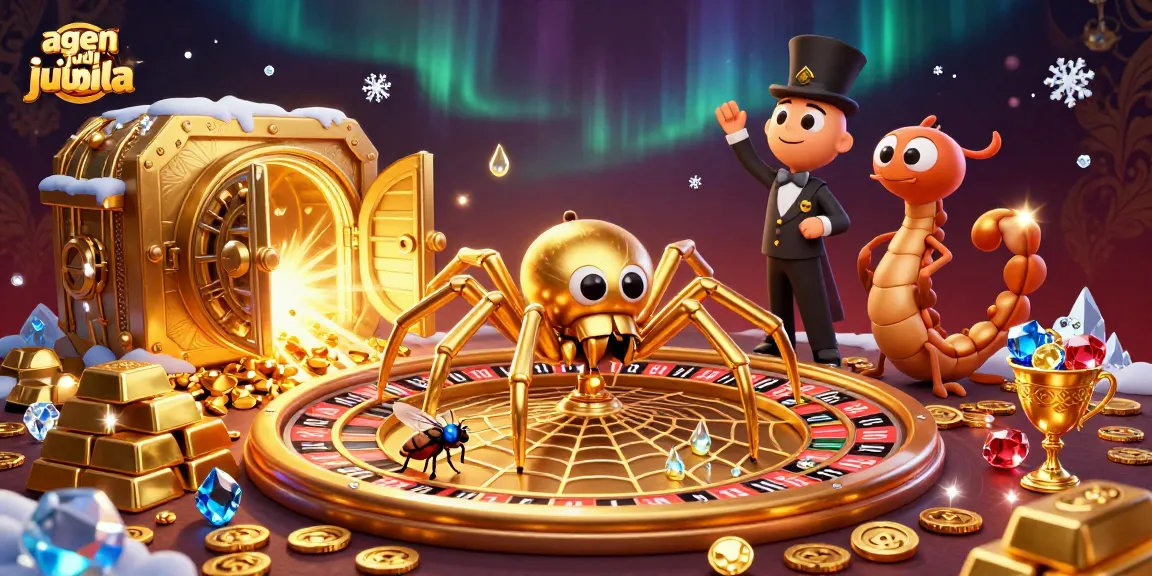 Place bets with agen judi bola in a vibrant 3D casino scene featuring a spider and croupier.