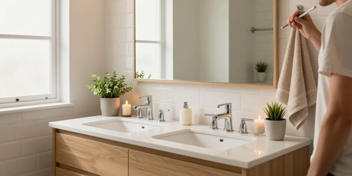 Stylish bathroom vanity with dual sinks, natural light, and peaceful decor.