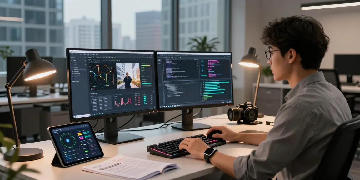 Detect AI image in a modern workspace featuring a professional analyzing content with advanced AI detection tools and vibrant screens.