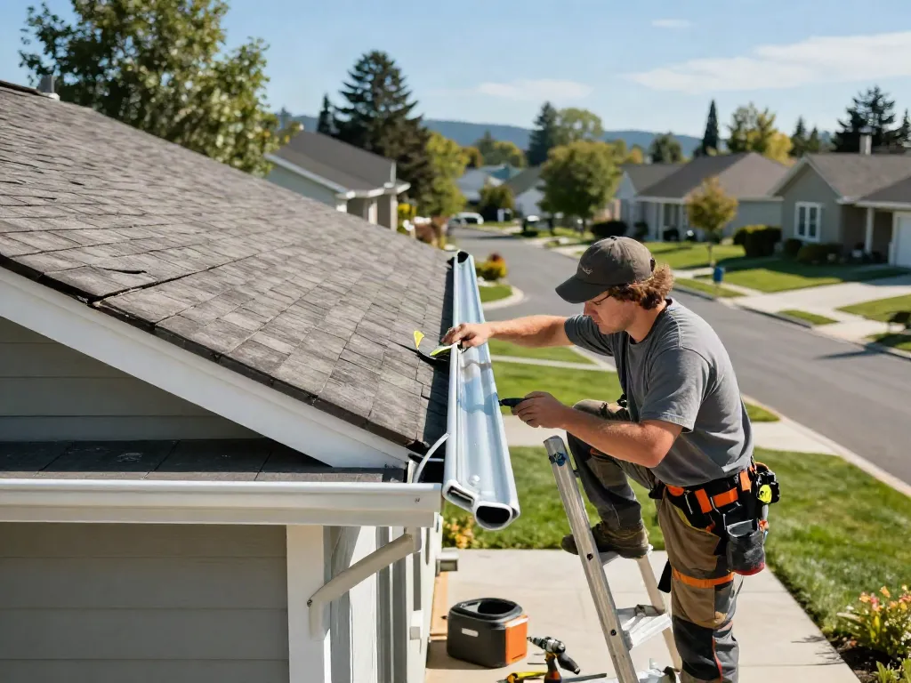 Seamless gutter installation in Spokane, WA, showing a professional installer measuring aluminum gutters.