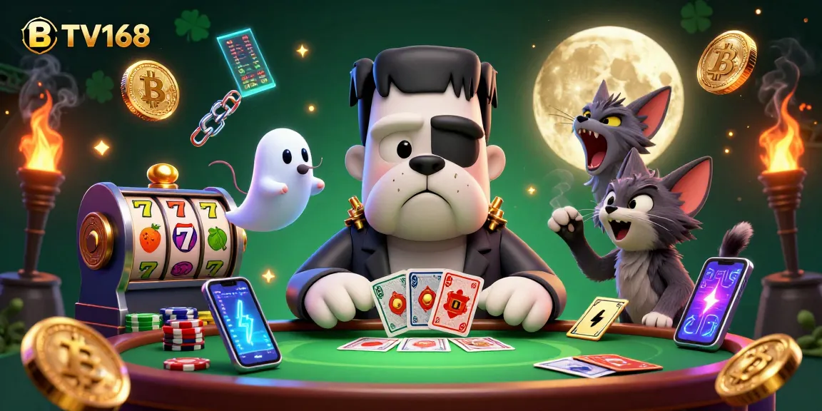 BTV168 offers thrilling casino action with quirky characters, vibrant slot reels, and crypto elements.