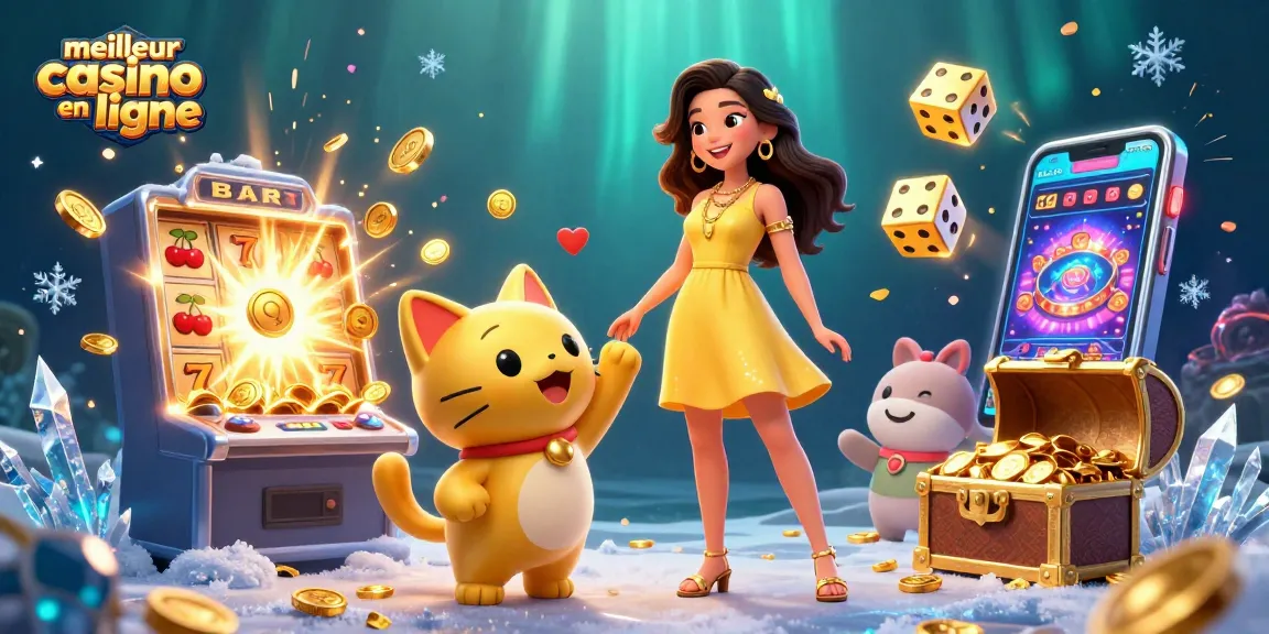 Découvrez l'excitation du meilleur casino en ligne avec notre illustration 3D animée mettant en avant des éléments de jeu et des interactions joyeuses.