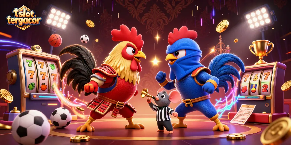 Watch exciting battles in toto slot tergacor as roosters face off in a vibrant casino scene.