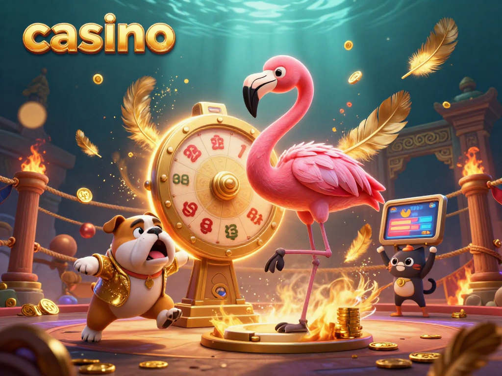 Engaging casino scene with a flamingo host, bulldog contestant, and cat assistant showcasing vibrant prize wheel action.
