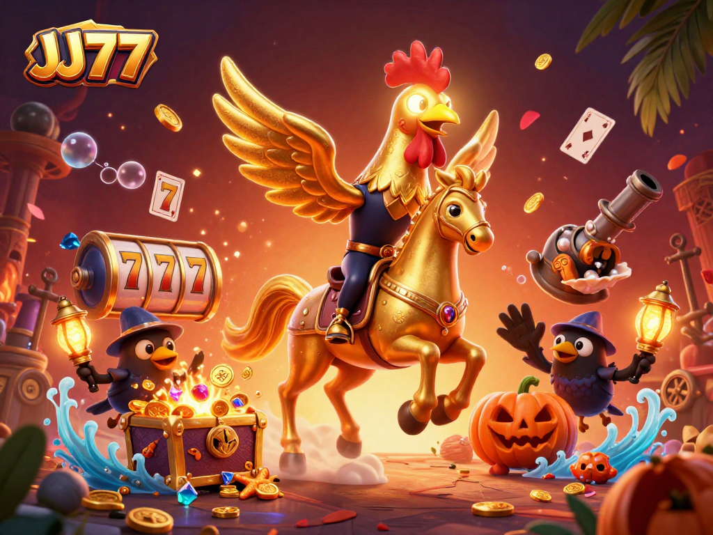 Experience thrilling gameplay at JJ77 with a golden rooster hero amidst vibrant casino action.