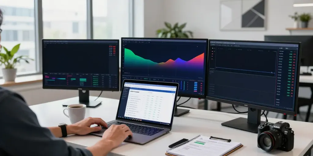 The official website displays a professional cryptocurrency trading setup with live Bitcoin charts and a DeFi dashboard.