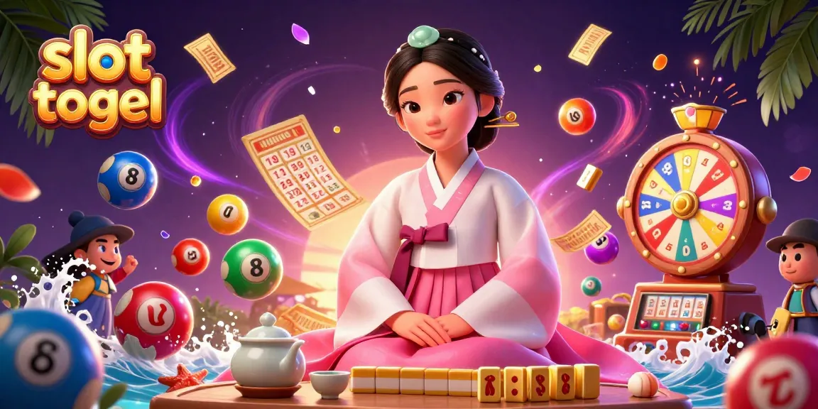 Experience excitement with slot togel, featuring a serene Asian woman among colorful lottery elements and dynamic game symbols.