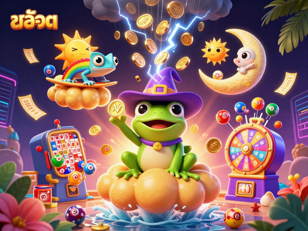 Experience thrilling สล็อต action with a weather wizard frog and vibrant chameleon amidst golden coins and lottery elements.
