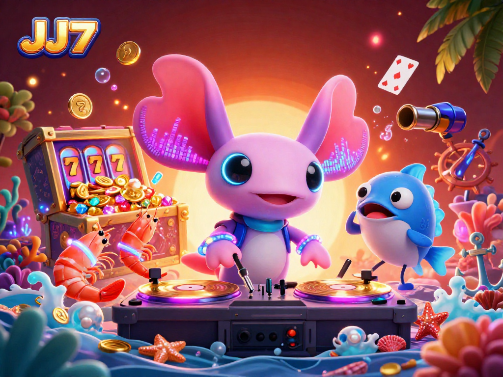 Play with JJ77 at a lively underwater casino featuring an axolotl DJ and shrimp dancers.
