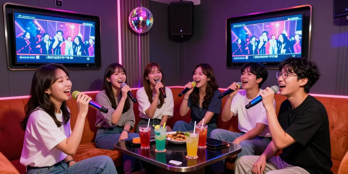 Group of friends enjoying 강남노래방 with vibrant lights and a microphone.