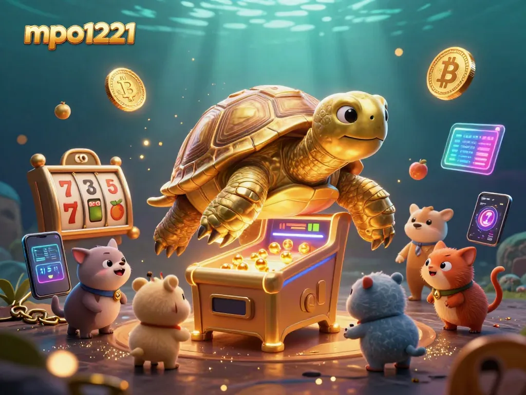 Engage with mpo1221 in a vibrant, animated casino scene featuring a golden tortoise and slot machine dynamics.