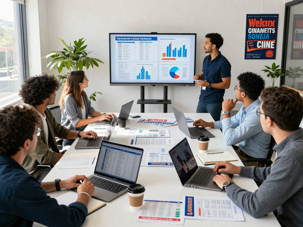 Strategic political campaign meeting to suppress negative search results through data-driven insights.