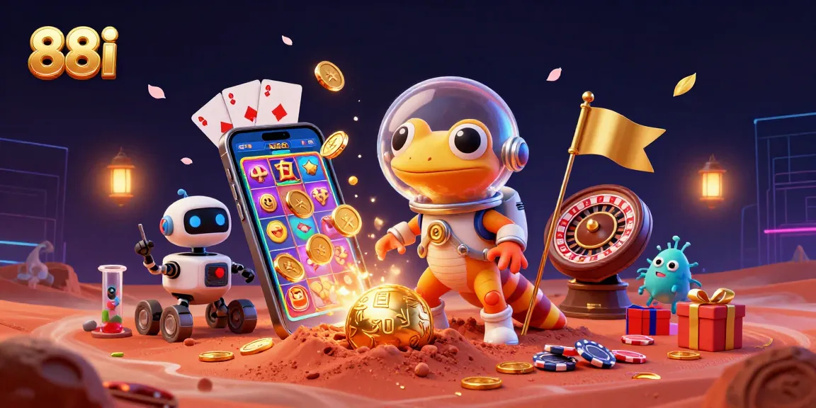 88i slot game action with a Martian gecko unearthing a golden casino in Mars sand.