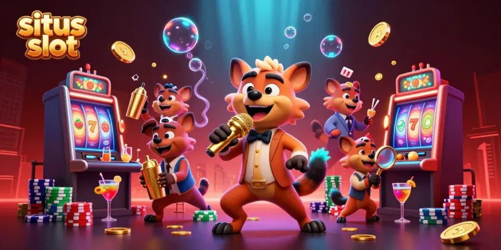 Menangkan jackpot di situs slot dengan tablet dan karakter hyena lucu di kasino.