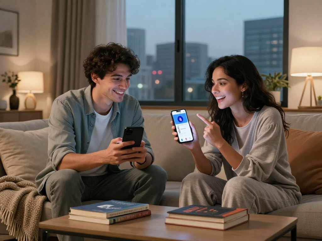 Couple engaging with AI gf app on smartphones in cozy living rooms, modern virtual dating.