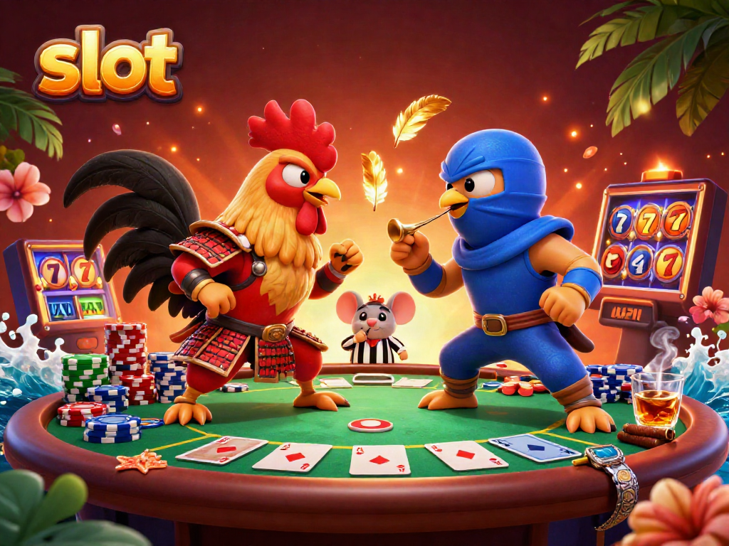 Engage with slot gaming excitement in a dynamic showdown of roosters in this vivid illustration.