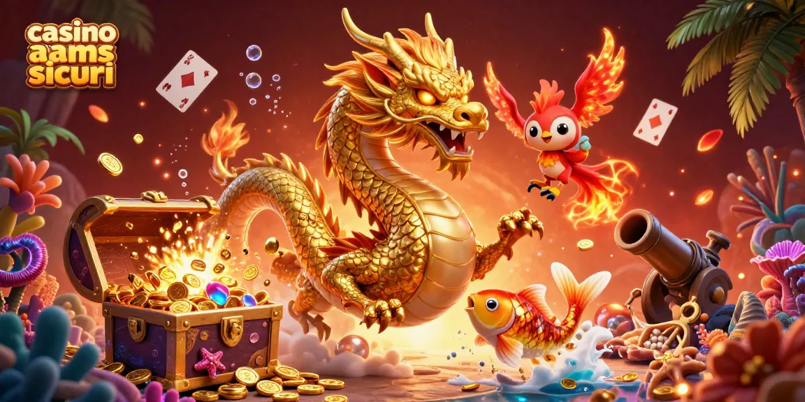 Interagisci con il vibrante regno dei casinò non AAMS sicuri con un drago dorato e un pesce koi.