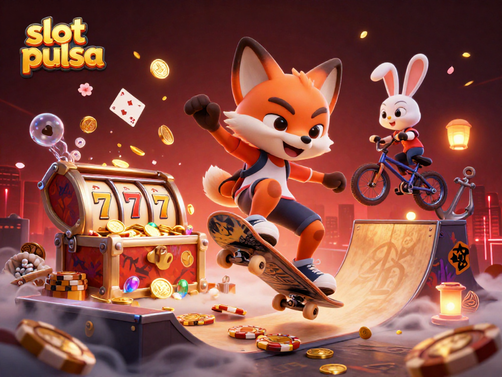 Experience thrilling slot pulsa action with a skateboarder fox and BMX rabbit in a vibrant, dynamic casino scene.