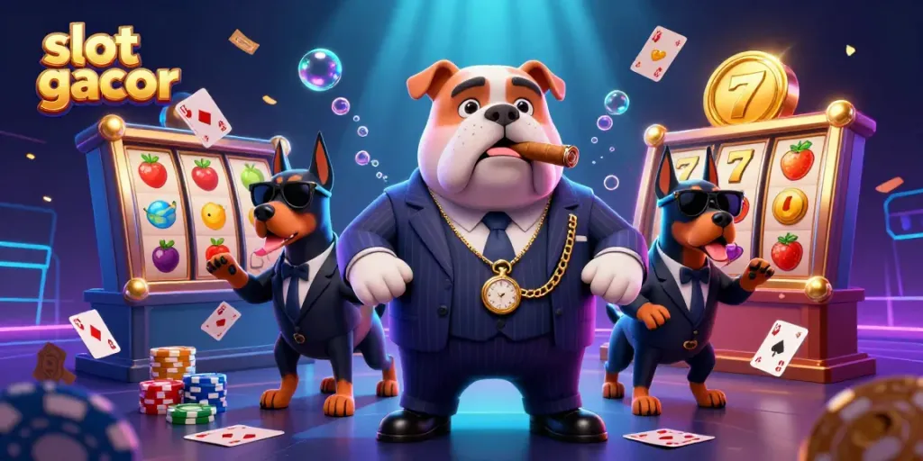 Slot gacor dengan karakter bulldog mafia dan Doberman di lingkungan kasino yang penuh warna.