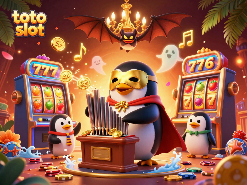 Engage at toto slot with an intricate 3D illustration of a penguin playing a golden organ, emitting rewards!