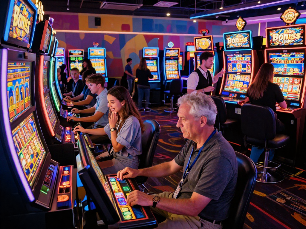 Exciting bandar slot gacor gaming atmosphere in a casino scene with players celebrating wins, colorful slot machines, and vibrant neon lights.